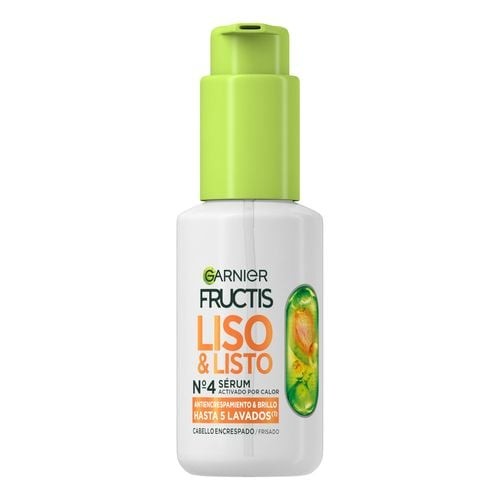 White bottle with a green pump top, labeled "Garnier Fructis Liso & Listo Serum" in vibrant colors, featuring a graphic of fruit and stating "50 ml" and "N°4."
