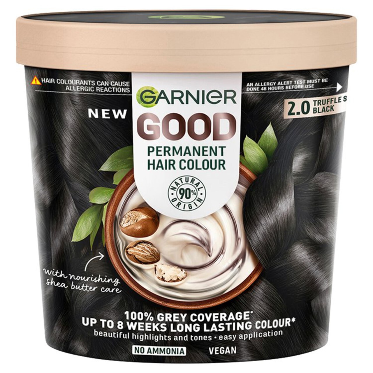 Garnier Good Permanent Hair Colour in 2.0 Truffle Soft Black, featuring a brown container with a lid, showcasing creamy hair dye and natural ingredients like shea butter and nuts.