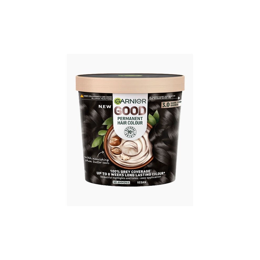 Garnier Good Permanent Hair Colour in 3.0 Dark Chocolate Brown, featuring a round container with a beige lid, showcasing dark hair strands and a creamy color formula on the label.