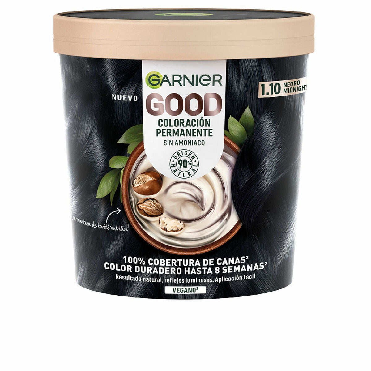Garnier Good Permanent Color #1.10 in black, featuring a round container with a beige lid, showcasing a creamy hair dye inside, highlighted by natural ingredients and a vegan label.