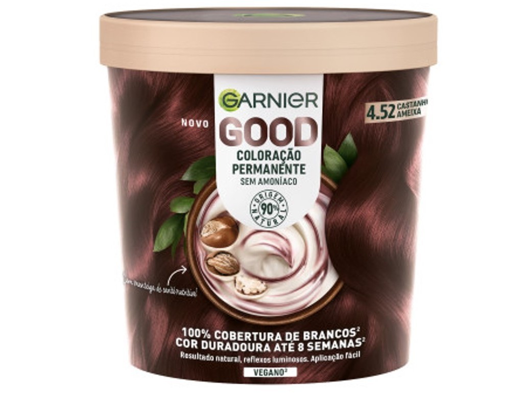 Garnier Good 4.52 Castanho Ameixa hair dye in a round, brown container featuring a cream swirl and nuts, labeled as ammonia-free and vegan with a promise of 100% gray coverage.