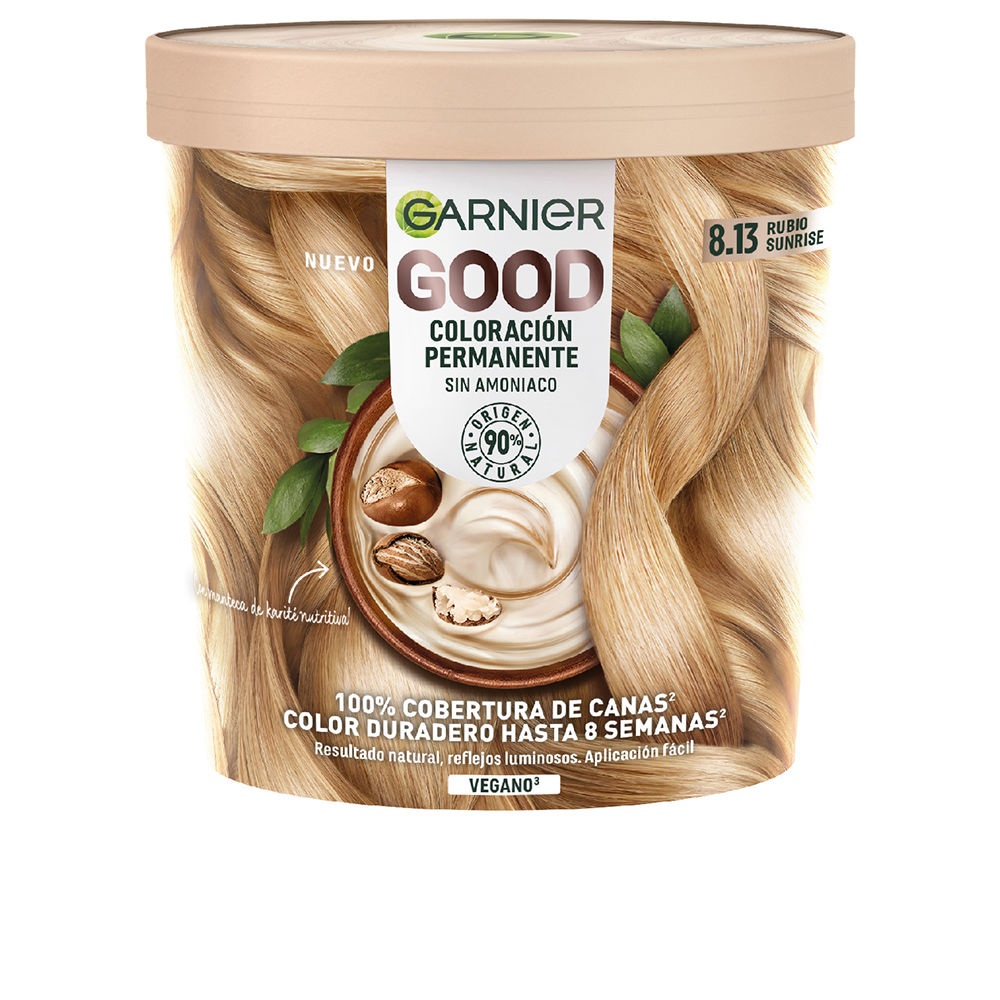 Good Coloración Permanente #8.13-rubio by Garnier in a beige tub, featuring a creamy hair dye with a natural, vegan formula, highlighted by images of nuts and hair strands.