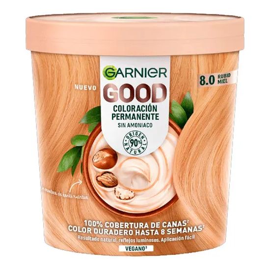 Garnier Good Blonde Nº 9.1 permanent dye in a round, light beige container featuring a creamy texture and a vanilla blonde color label, emphasizing natural ingredients and vegan formula.