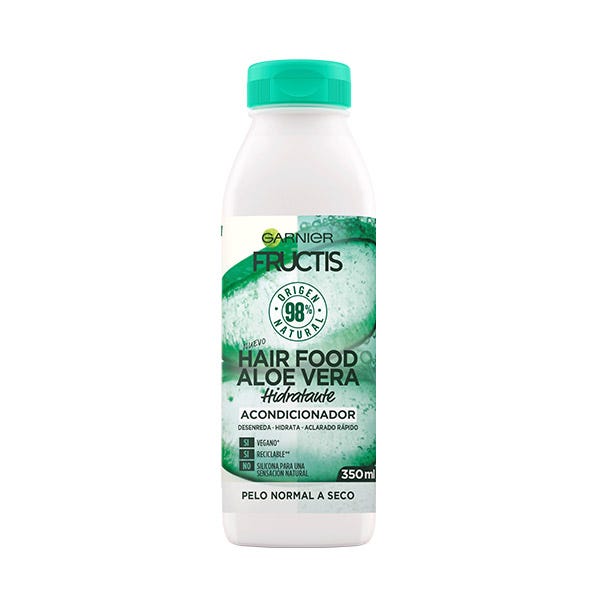 White plastic bottle of Garnier Fructis Hair Food Aloe Vera conditioner, featuring a green label, flip-top cap, and 350 ml capacity, designed for normal to dry hair.