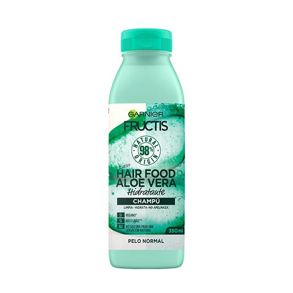 Green plastic bottle of Garnier Fructis Hair Food Aloe Vera Hydrating Shampoo, 350ml, featuring a light blue cap and a label highlighting vegan and natural ingredients.