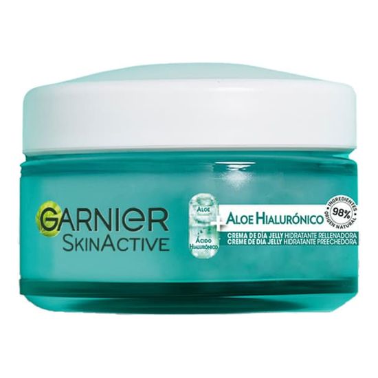 Light blue jar of Garnier Skinactive Aloe Hyaluronic Day Cream, featuring a clear lid and labels highlighting aloe and hyaluronic acid, with a 50ml capacity.
