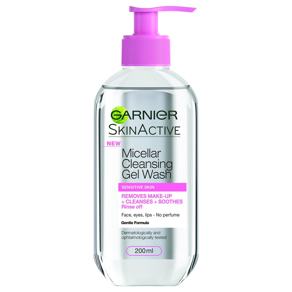 Clear plastic bottle with a pink pump top, labeled "Garnier Micellar Cleansing Gel Wash" for sensitive skin, 200ml, featuring a gentle formula and no added color.