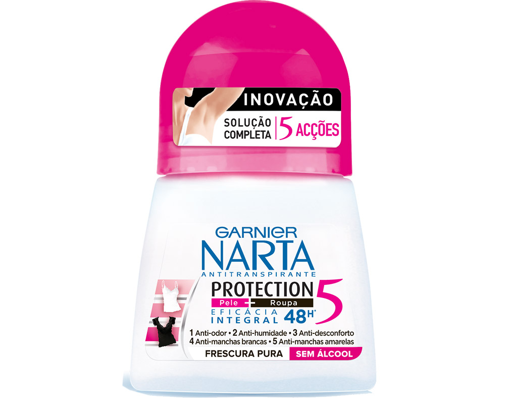 Clear roll-on deodorant bottle with a pink cap, featuring "Deo Narta Roll-on Protection 5 Femme 50ml" label, highlighting 48-hour protection and alcohol-free formula.