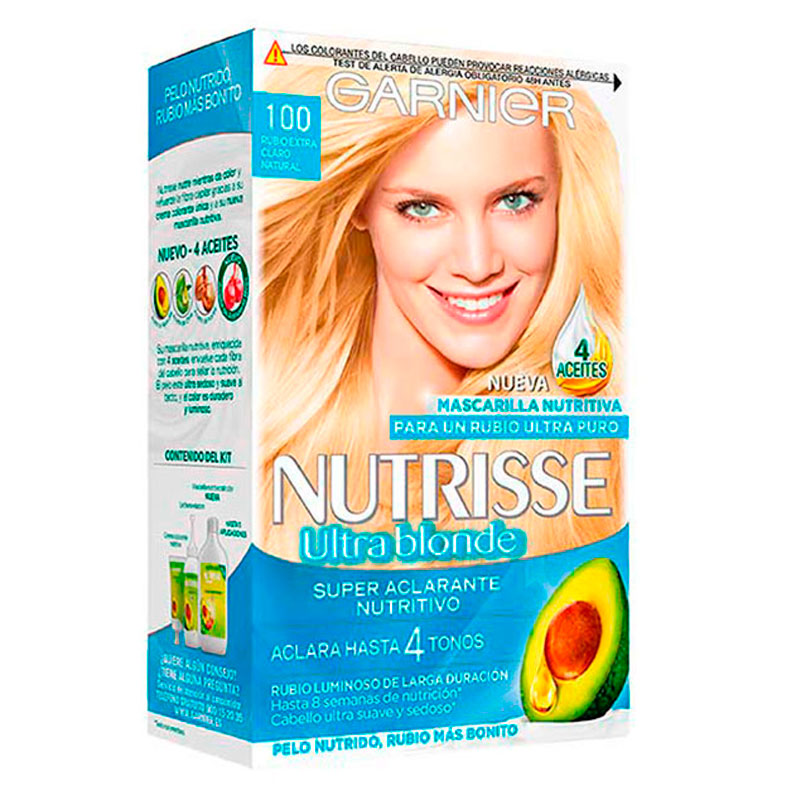 Garnier Nutrisse Crème box featuring a model with long, light blonde hair, avocado imagery, and text highlighting nourishing properties and extra light blonde shade 100.