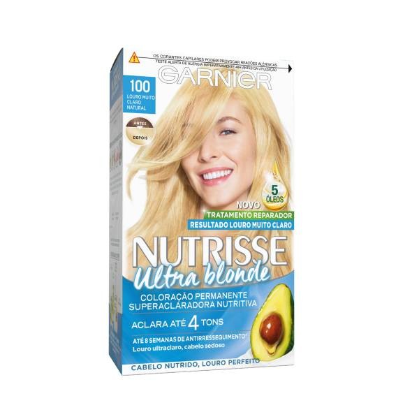 Garnier Nutrisse hair color box featuring a blonde model with long hair, labeled "Ultra Blonde," highlighting avocado oil and promising up to 4 shades of lightening.