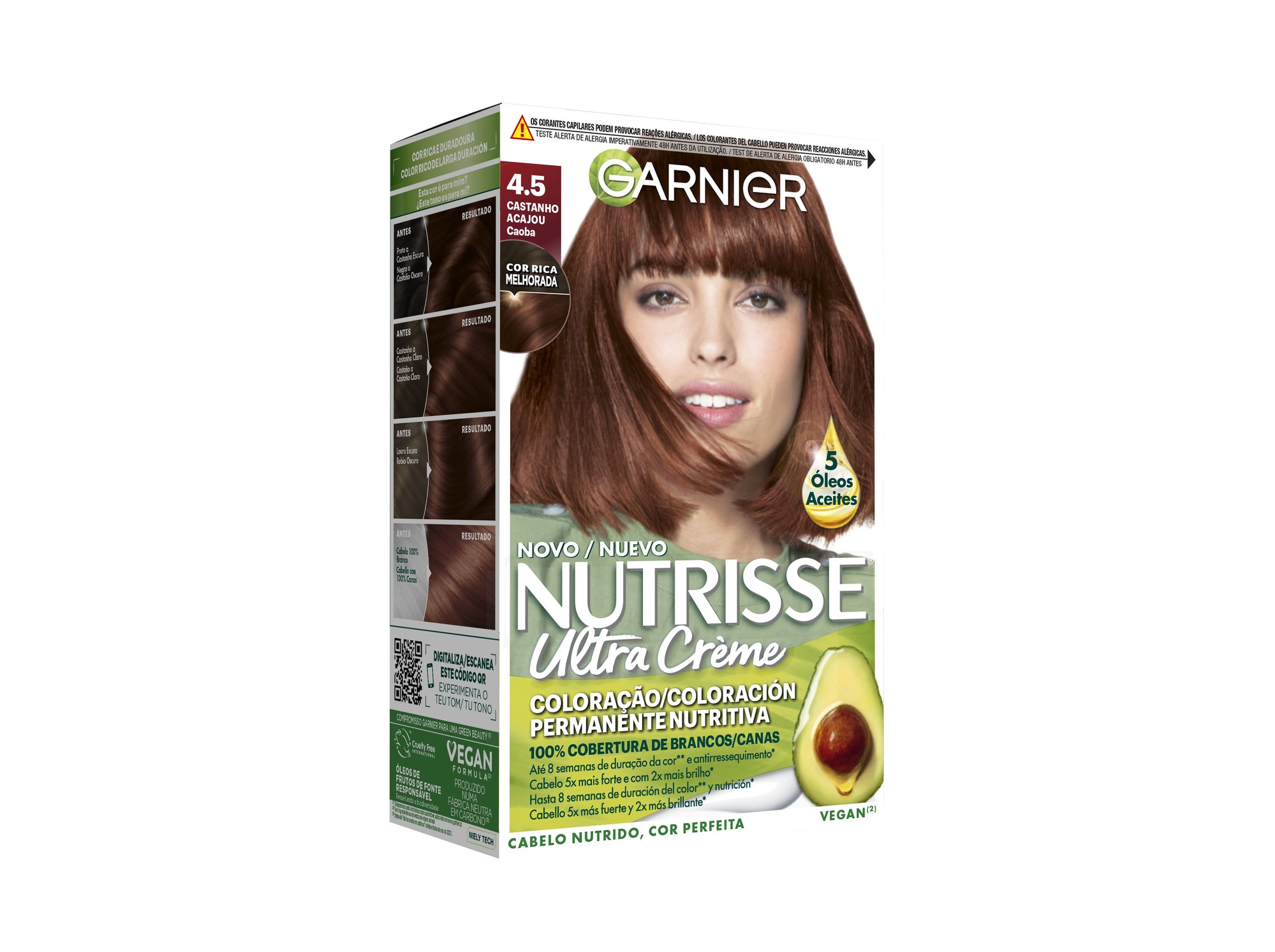 Nutrisse 4.5 Castanho Acajou hair color by Garnier in a green and white box featuring a model with brown hair, an avocado graphic, and text highlighting nourishing oils and 100% gray coverage.