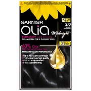 Garnier Olia Midnight 2.0 Black Diamond hair dye box featuring a bright yellow sunflower, black background, and a gold oil droplet, highlighting ammonia-free formula and 60% oils.