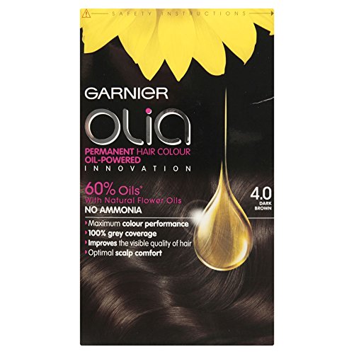 Garnier Olia 4.0 Dark Brown hair color box featuring a yellow flower, with text highlighting 100% grey coverage, no ammonia, and oil-powered formula for rich brown shade.