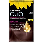 Garnier Olia 5.15 Frosted Chocolate Brown hair dye box featuring a yellow flower, a gold oil drop, and key features highlighting ammonia-free formula and 60% oils for vibrant color.