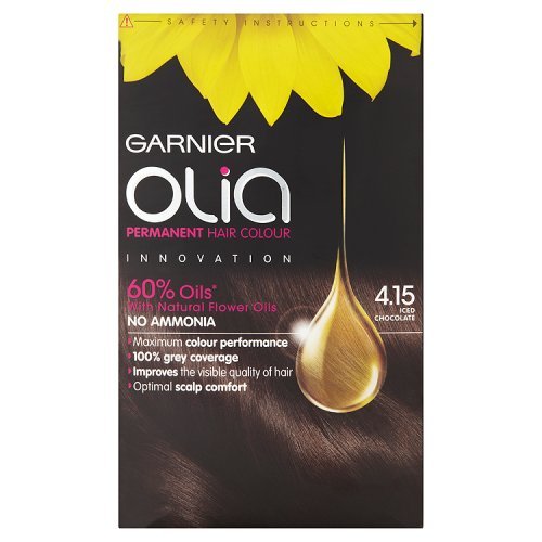 Permanent hair color box featuring "Garnier Olia 4.15 Iced Chocolate," with a bright yellow sunflower graphic, stating 60% oils, ammonia-free, and grey coverage details.
