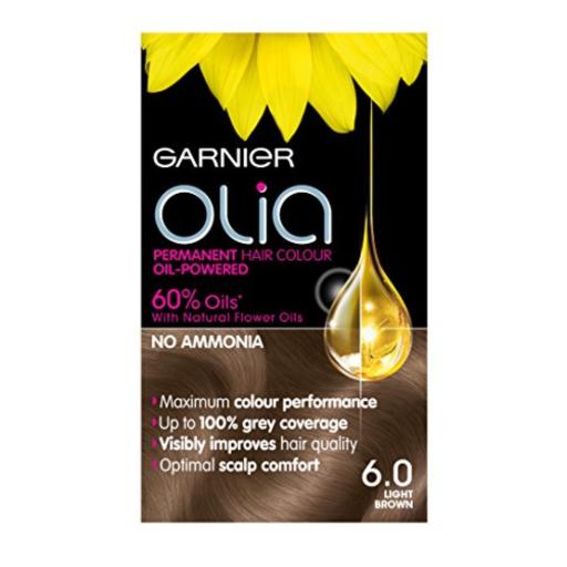 Garnier Olia 6.0 Light Brown hair color box featuring a yellow sunflower, a golden oil drop, and text highlighting 100% grey coverage and no ammonia.