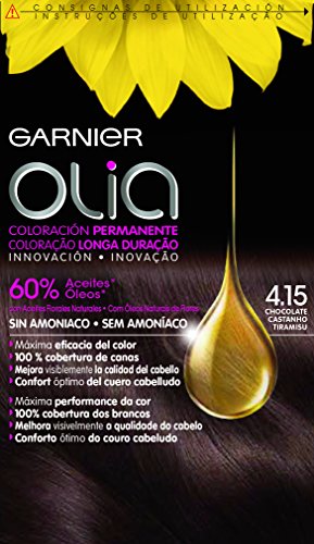Garnier Olia Permanent Hair Color #4.15 in Chocolate, featuring a sunflower graphic, highlights 60% oils, ammonia-free formula, and promises vibrant, long-lasting color.