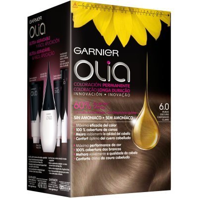 Olia Coloración Permanente #6,0 Rubio Oscuro Set by Garnier features a sleek black and gold box with a sunflower graphic, highlighting ammonia-free formula and 100% gray coverage.