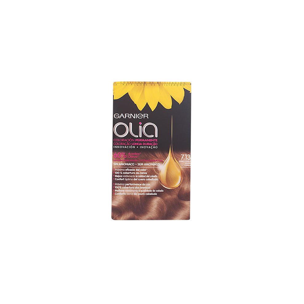 Garnier Olia Permanent Hair Color in shade 7.13, featuring a sunflower graphic, with a glossy box showcasing blonde cinnamon tones and key product information.