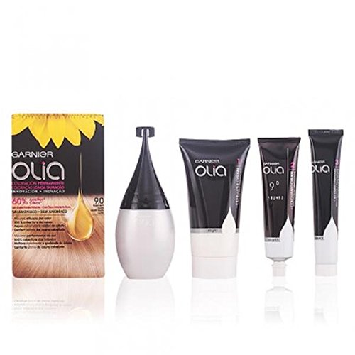 Garnier Olia No Ammonia hair dye kit in Very Light Blonde, featuring a yellow sunflower design on the box, a black applicator, and three tubes of color cream and developer.
