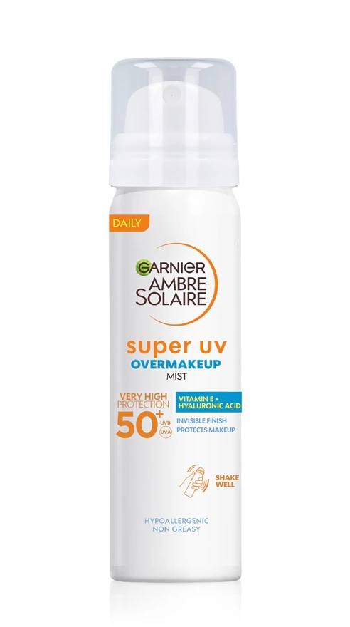 Debenhams Ambre Solaire Super UV Protection Mist SPF50 in a 75ml spray bottle, featuring a white and orange design with a clear top, highlighting its UV protection and hydrating ingredients.