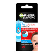 Debenhams unisex charcoal nose strips packaging features a black and blue design, highlighting "Pure Active" and "Anti-Blackhead Strips," with a model applying a strip on her nose.
