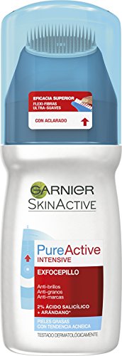 Garnier Pure Active Exfo Intensive Brusher 150ml features a blue and white bottle with a brush applicator cap, designed for acne-prone skin and containing salicylic acid.