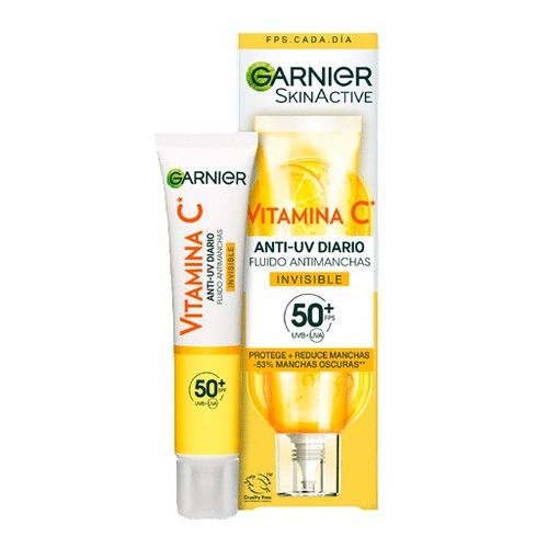 Garnier Skinactive Vitamin C Anti-Stain Fluid SPF 50 in a 40ml tube, featuring a bright yellow and white design with "Vitamin C" and "Anti-UV Daily" prominently displayed.