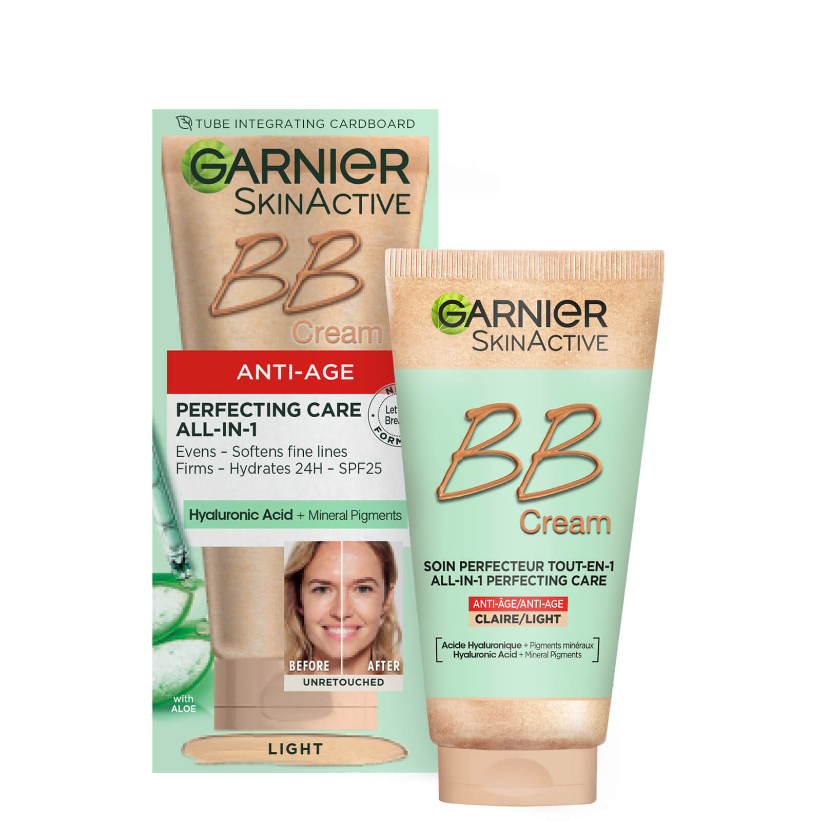Garnier Skin Active Anti-Age BB Cream SPF 25 in Light, featuring a beige tube with a flip-top cap, surrounded by green packaging, highlighting key benefits and ingredients.