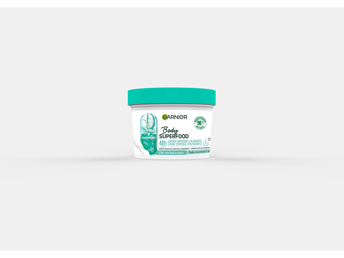 Garnier Body Superfood Aloe Vera Calming Body Cream in a 380ml white tub with a turquoise lid, featuring aloe vera graphics and green text highlighting its calming properties.