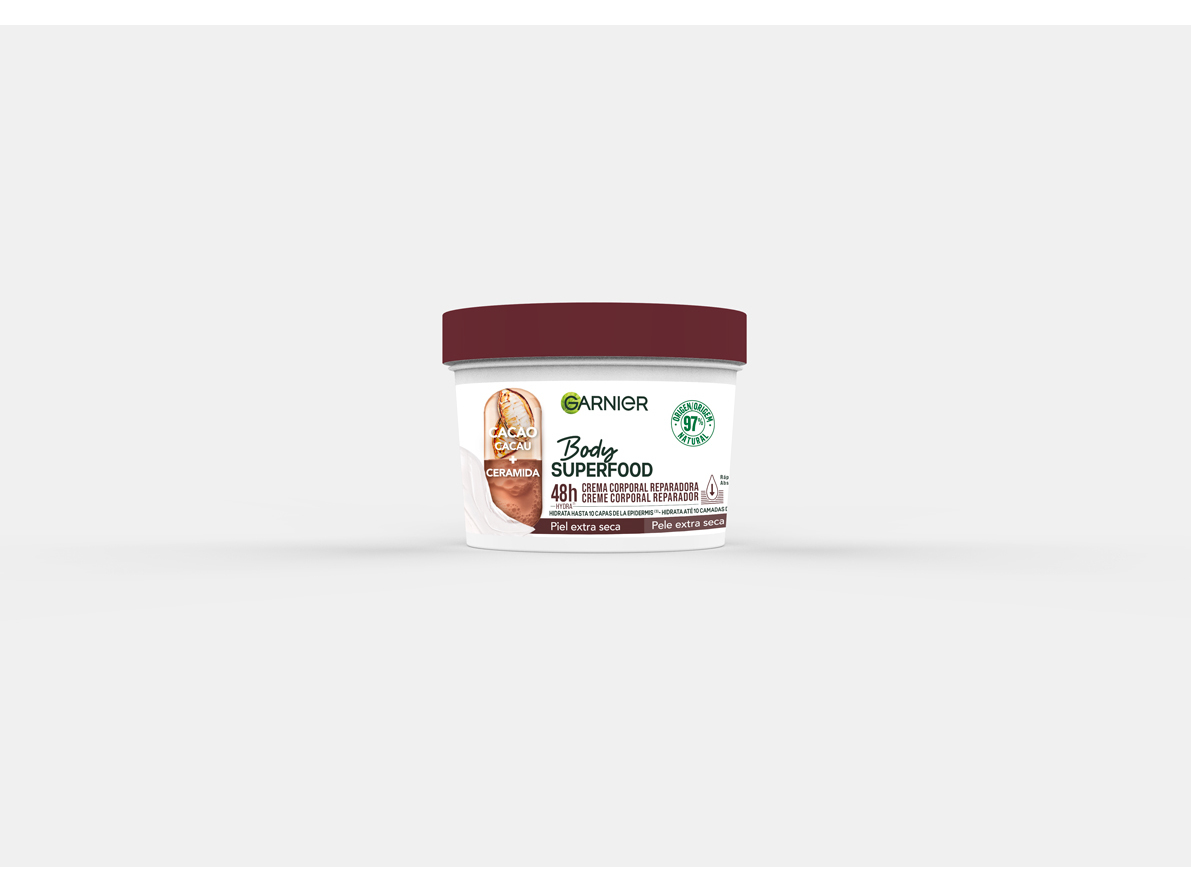 Garnier Body Superfood Cocoa Repair Body Cream in a white tub with a brown lid, featuring a cocoa bean illustration and green logo, labeled for 48-hour hydration.