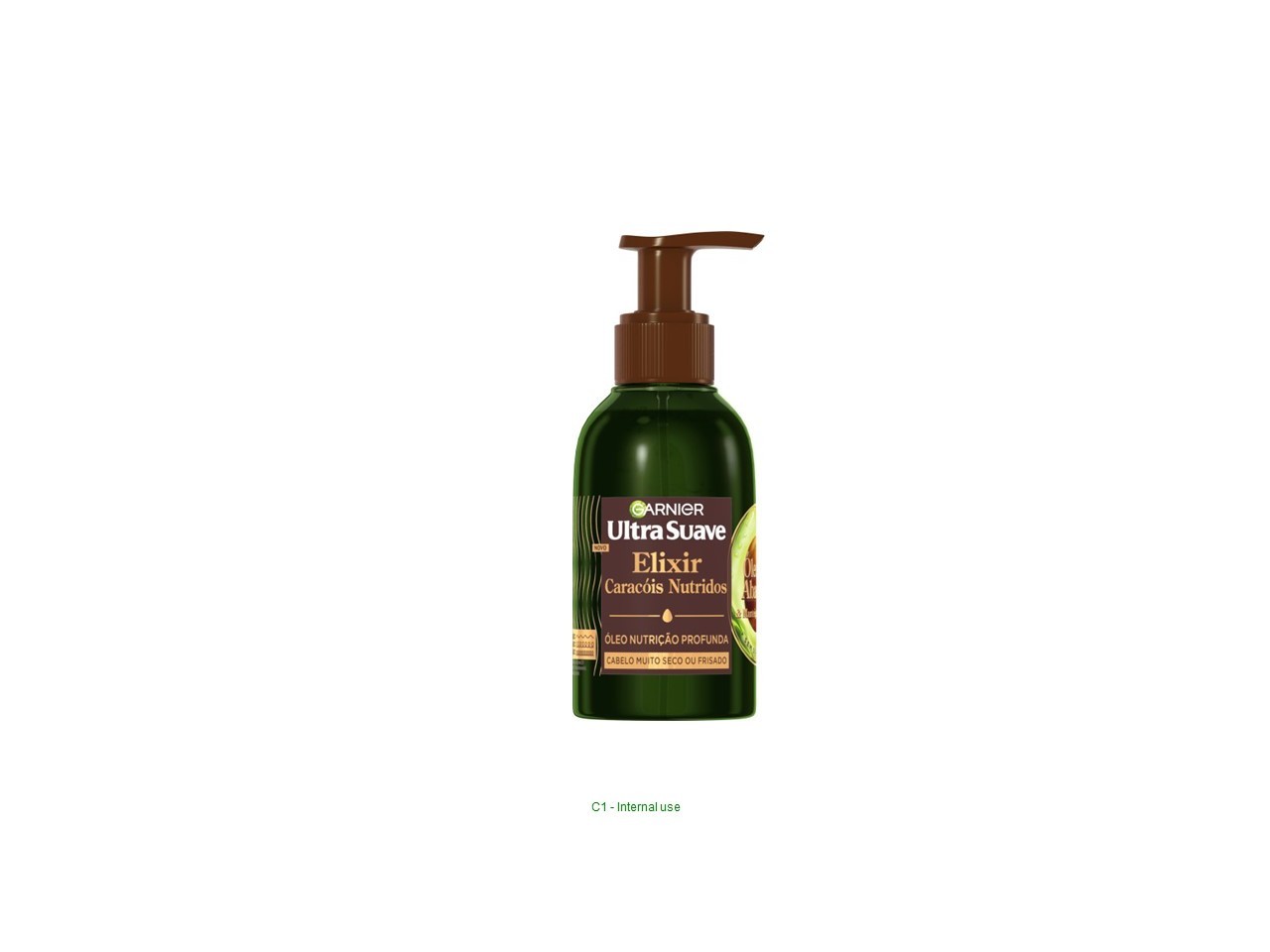 Green plastic bottle with a brown pump top, labeled "Ultra Suave Elixir Caracois Nutritivos 120ml" by Garnier, featuring a rich, textured design and vibrant colors.