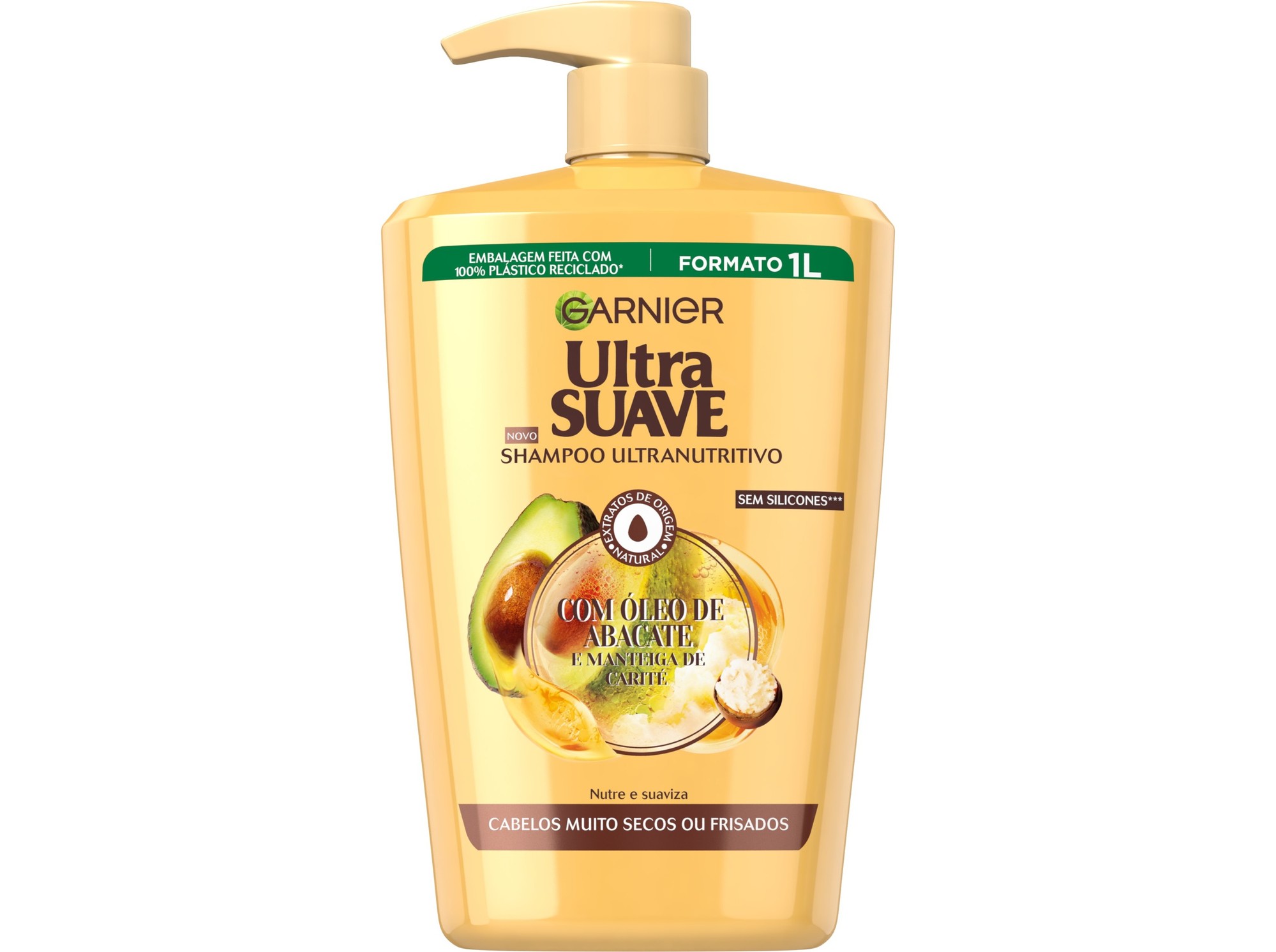 Yellow plastic bottle of Garnier Ultra Suave Avocado Shampoo, 1000ml, featuring an avocado graphic and a pump dispenser, labeled as nourishing for dry and frizzy hair.