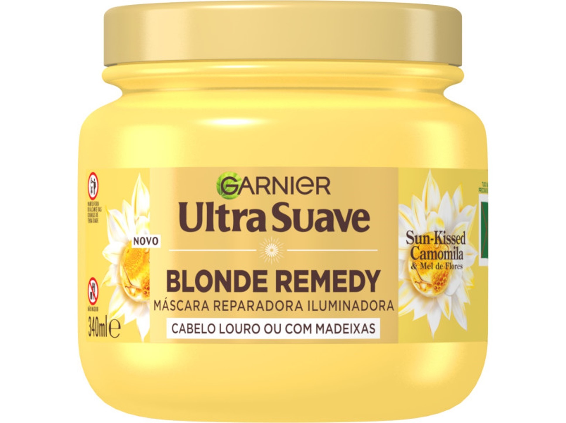 Yellow plastic jar with a white lid, labeled "Garnier Ultra Suave Camomila Blond Remedy," containing 340 ml of hair mask for blonde or highlighted hair, featuring chamomile and honey.