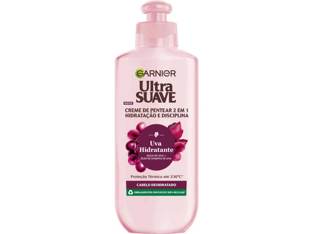 Light pink plastic bottle with a pump top, labeled "Ultra Suave" and "Creme de Pentear Uva Hidratante 200ml" by Garnier, featuring images of grapes and hydration benefits.