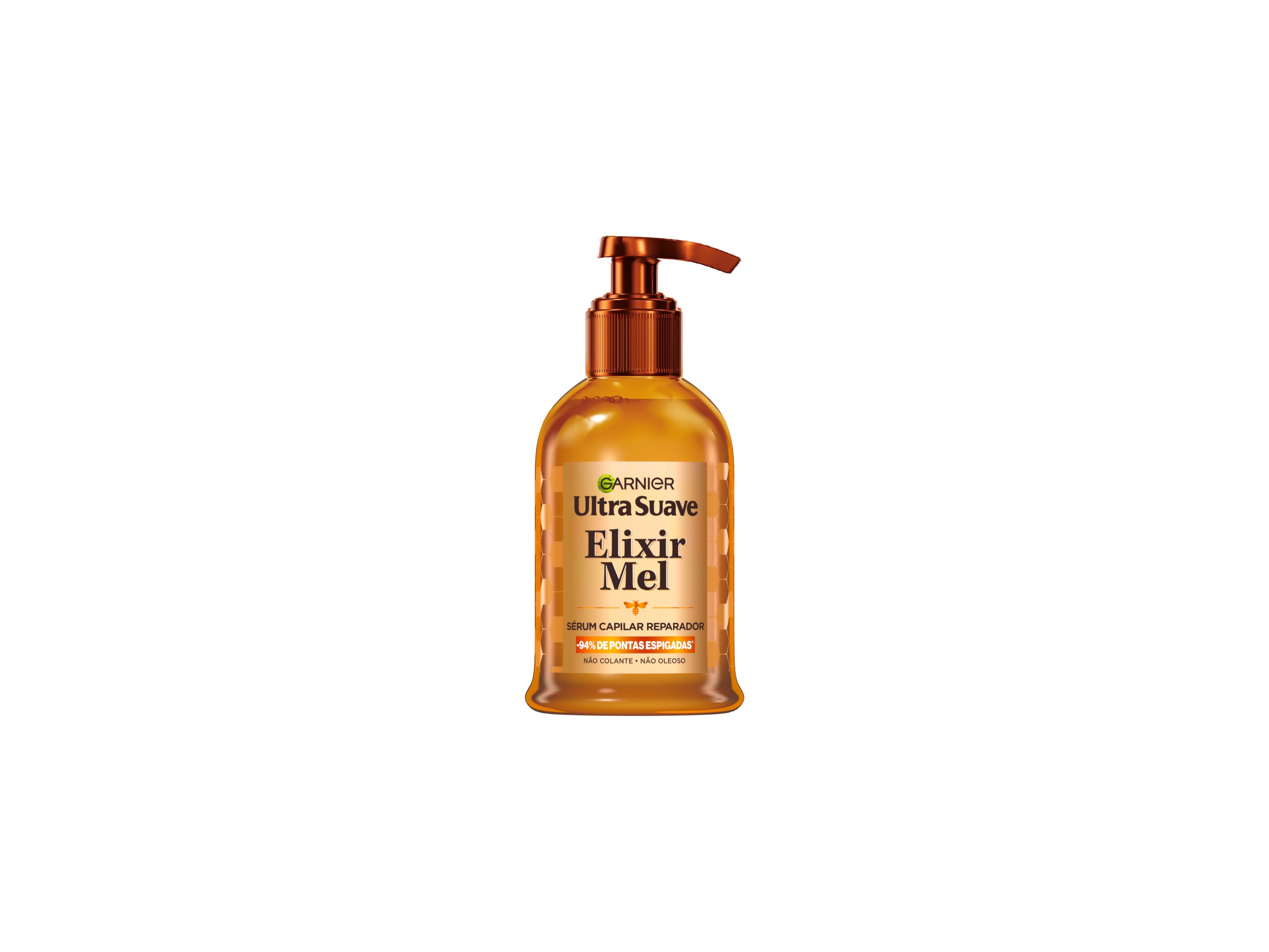 Amber-colored bottle with a pump dispenser, labeled "Garnier Ultra Suave Elixir Mel 115ml," featuring a sleek design and a glossy finish.