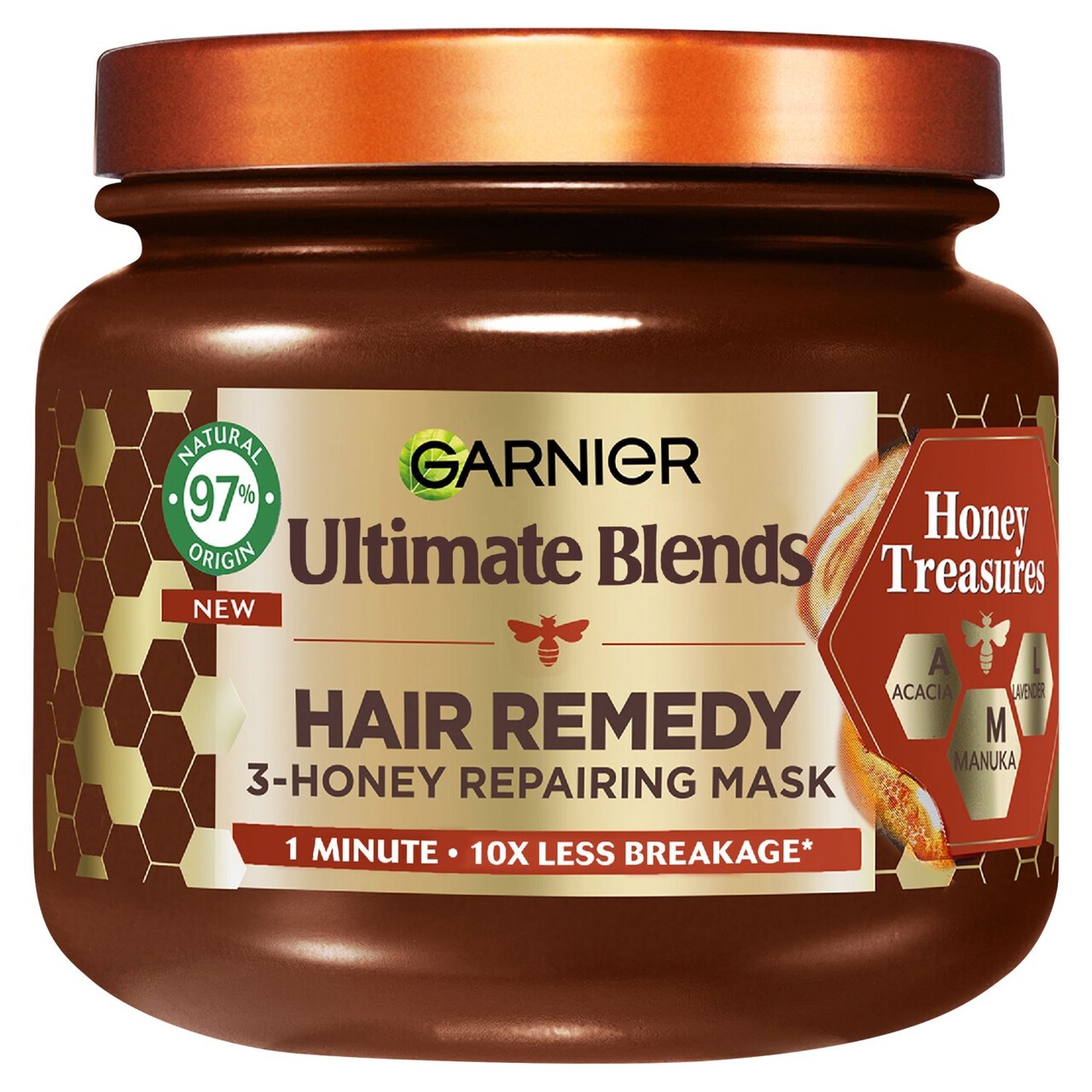 Brown jar with a gold and honey-colored label, featuring "Garnier Ultimate Blends Honey Treasures Hair Remedy Strengthening Mask" and honeycomb graphics, highlighting natural ingredients.