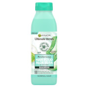 Garnier Ultimate Blends Moisturising Hair Food Aloe Vera Shampoo in a 350ml green plastic bottle, featuring aloe vera graphics and a white label with product details.