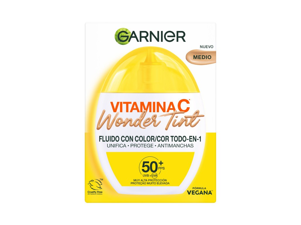 Garnier Vit C Fps 50 Medium 40ml cream in a yellow and white bottle with a pump top, featuring "Vitamina C Wonder Tint" prominently on the label.