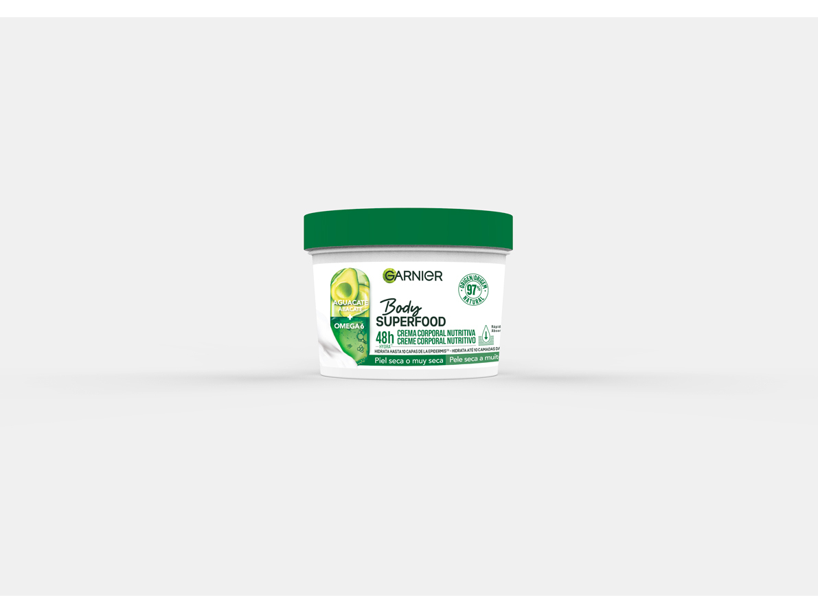 Garnier Body Superfood Nourishing Avocado Body Cream in a 380ml white tub with a green lid, featuring avocado imagery and text highlighting its nourishing properties.