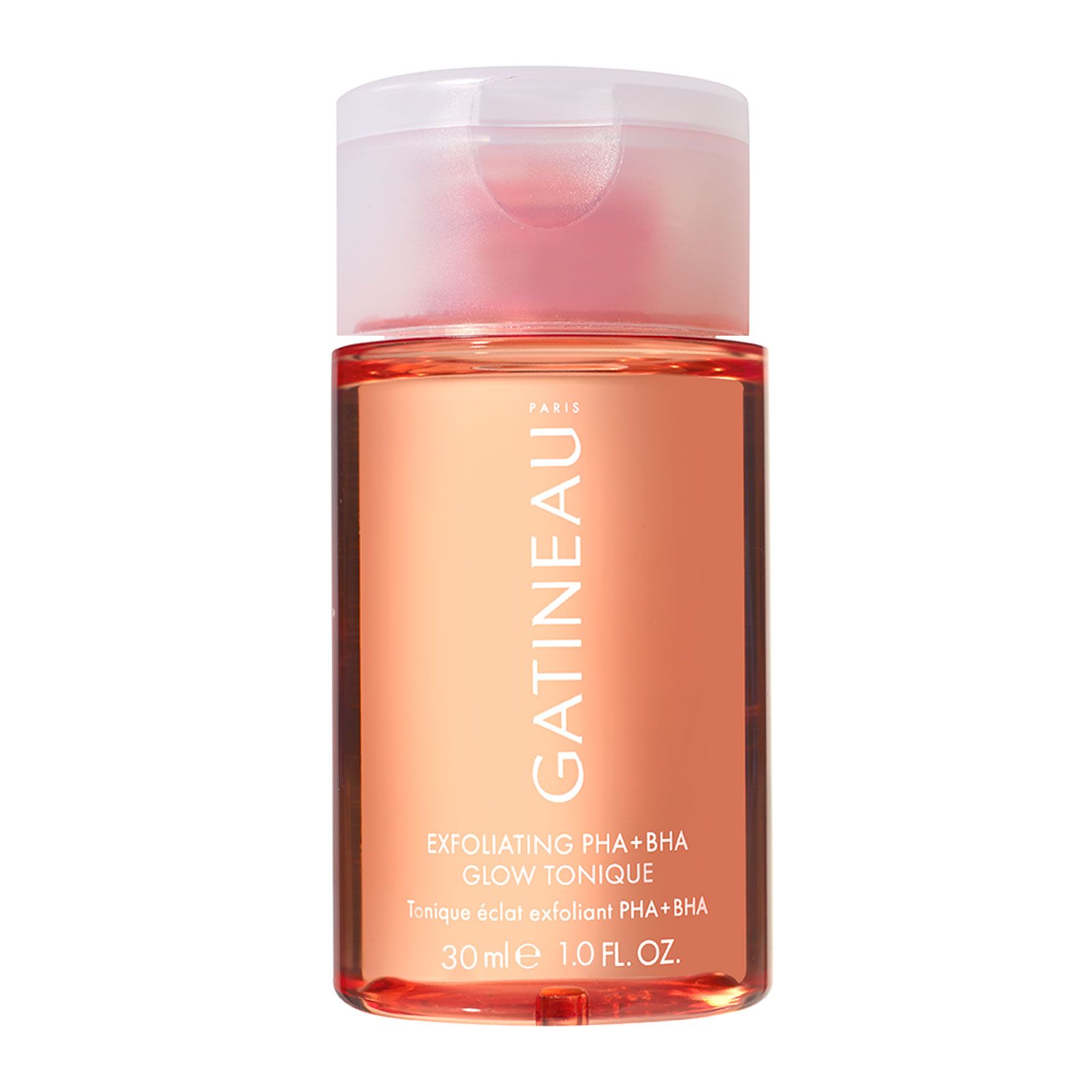 Clear bottle with a pink cap, containing a vibrant orange liquid labeled "Gatineau Exfoliating PHA + BHA Glow Tonique," 30ml size, featuring a sleek design.