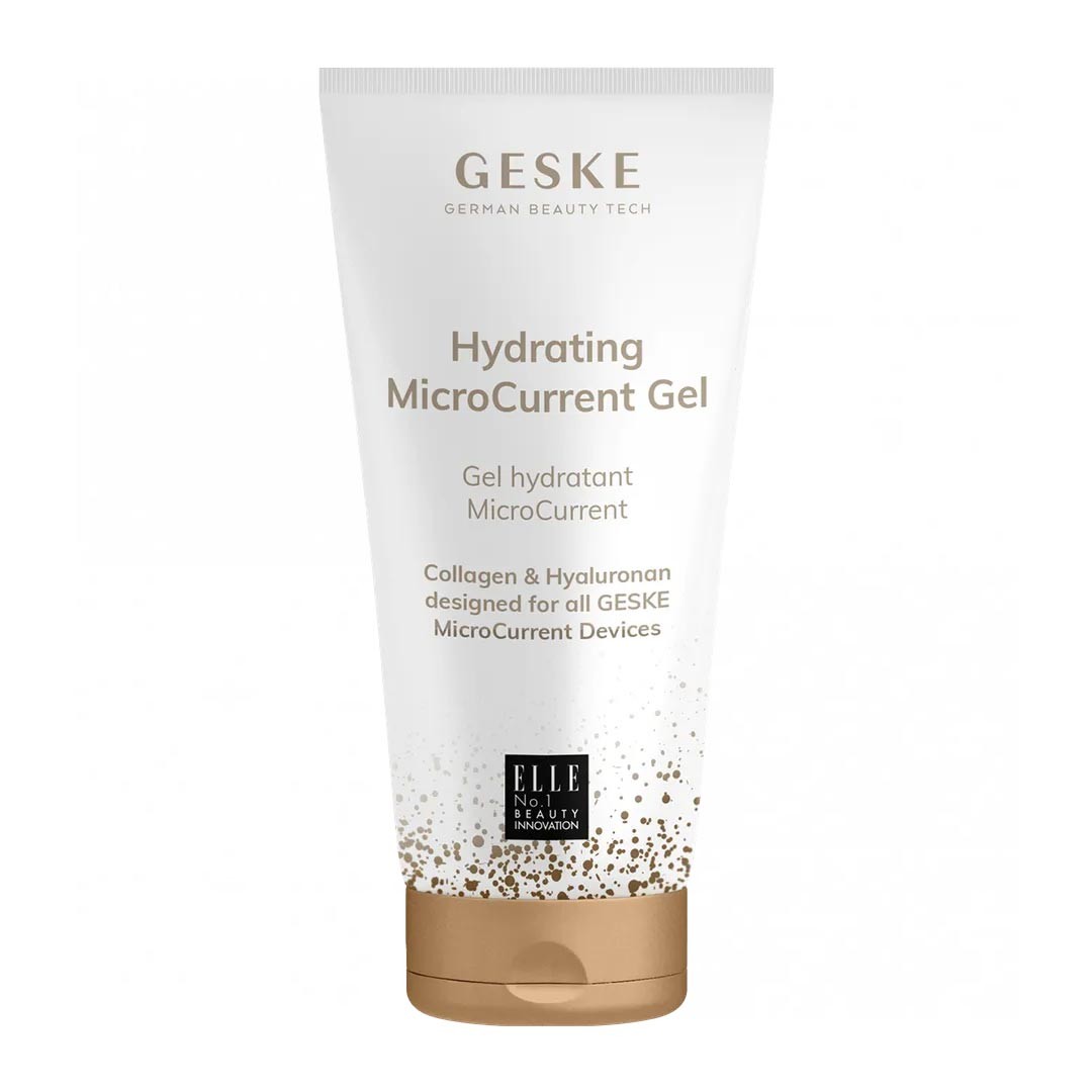 White tube with gold accents, labeled "GESKE Hydrating MicroCurrent Gel," featuring key ingredients collagen and hyaluronan, designed for use with GESKE MicroCurrent devices.