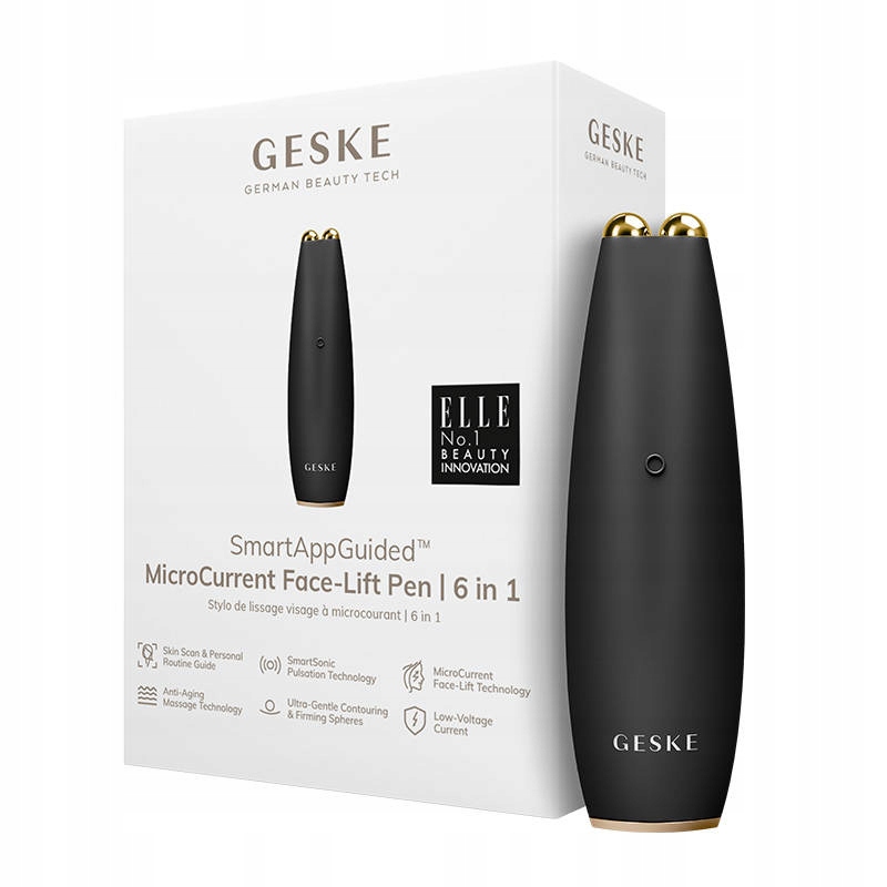 Black and gold microcurrent face-lift pen with a sleek design, featuring two golden spheres at the top, packaged in a white box labeled "GESKE" and "6 in 1."