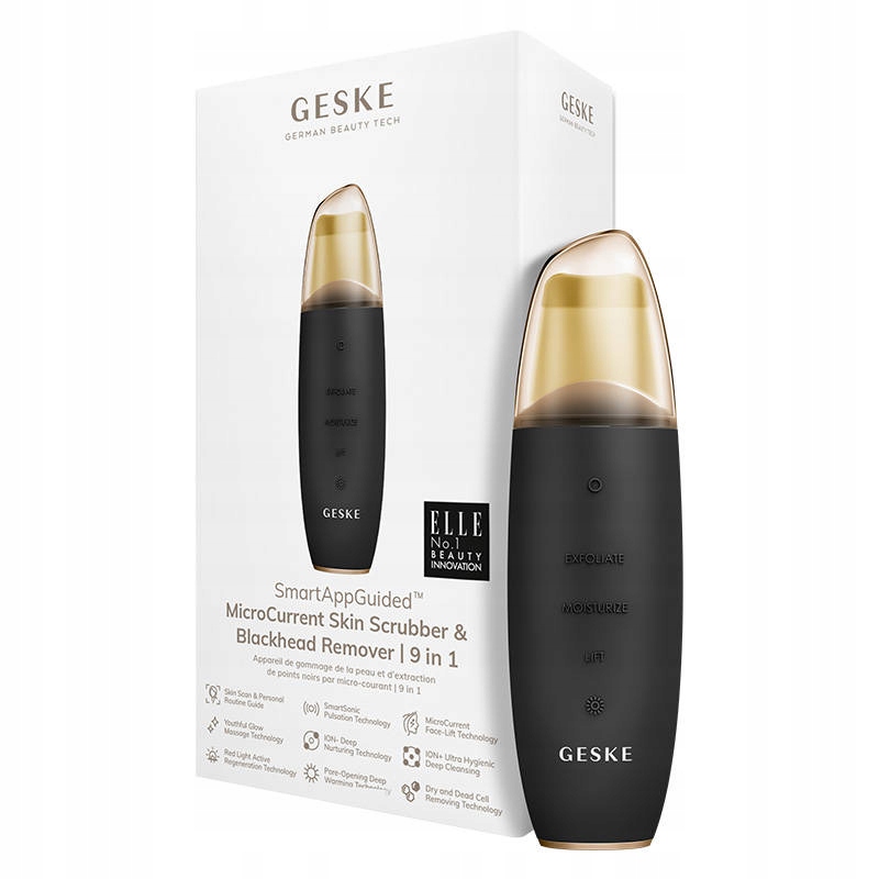 Debenhams MicroCurrent Skin Scrubber and Blackhead Remover in sleek black with a gold top, featuring a user-friendly design and 9 multifunctional capabilities, packaged in a stylish box.