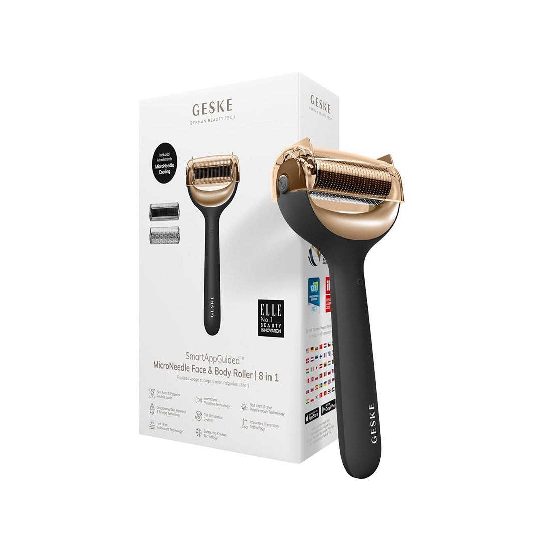 GESKE MicroNeedle Face & Body Roller in grey, featuring a sleek black handle and a gold roller head, packaged in a stylish box with product details and branding.