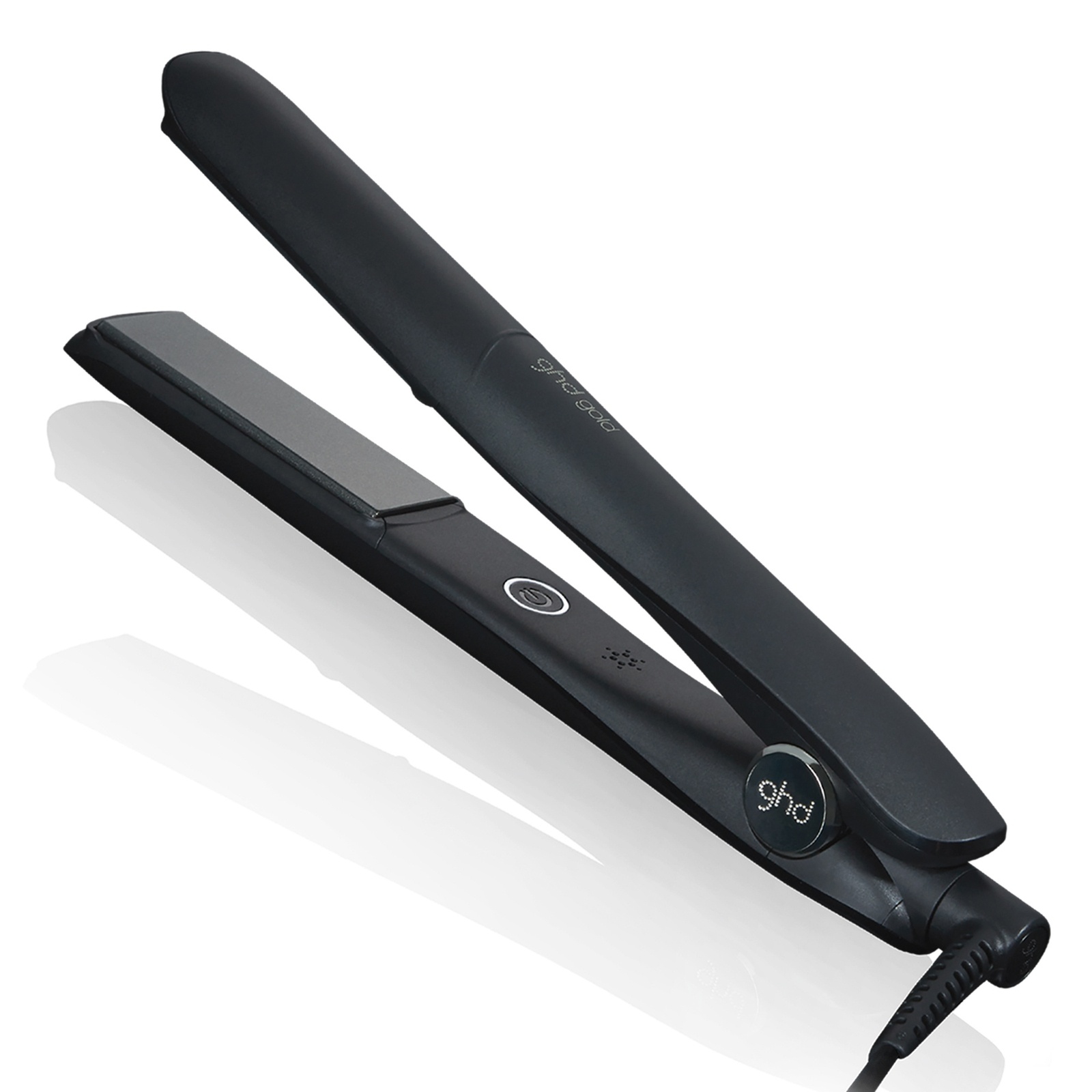 Sleek black Ghd Gold Hair Straightener with a smooth ceramic plate, rounded edges, and a power button, designed for effortless styling and a professional finish.
