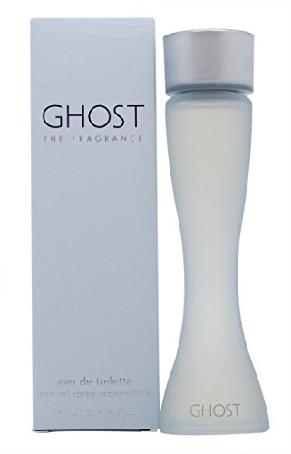 Light blue frosted glass bottle with a curvy shape, silver cap, and "GHOST THE FRAGRANCE" label, accompanied by a matching light blue box, 30ml Eau De Toilette.