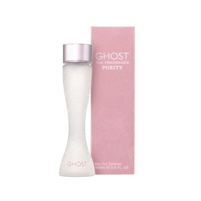Clear, curvy glass bottle with a frosted finish, topped with a silver cap, alongside a soft pink box featuring the brand name "GHOST" in white.