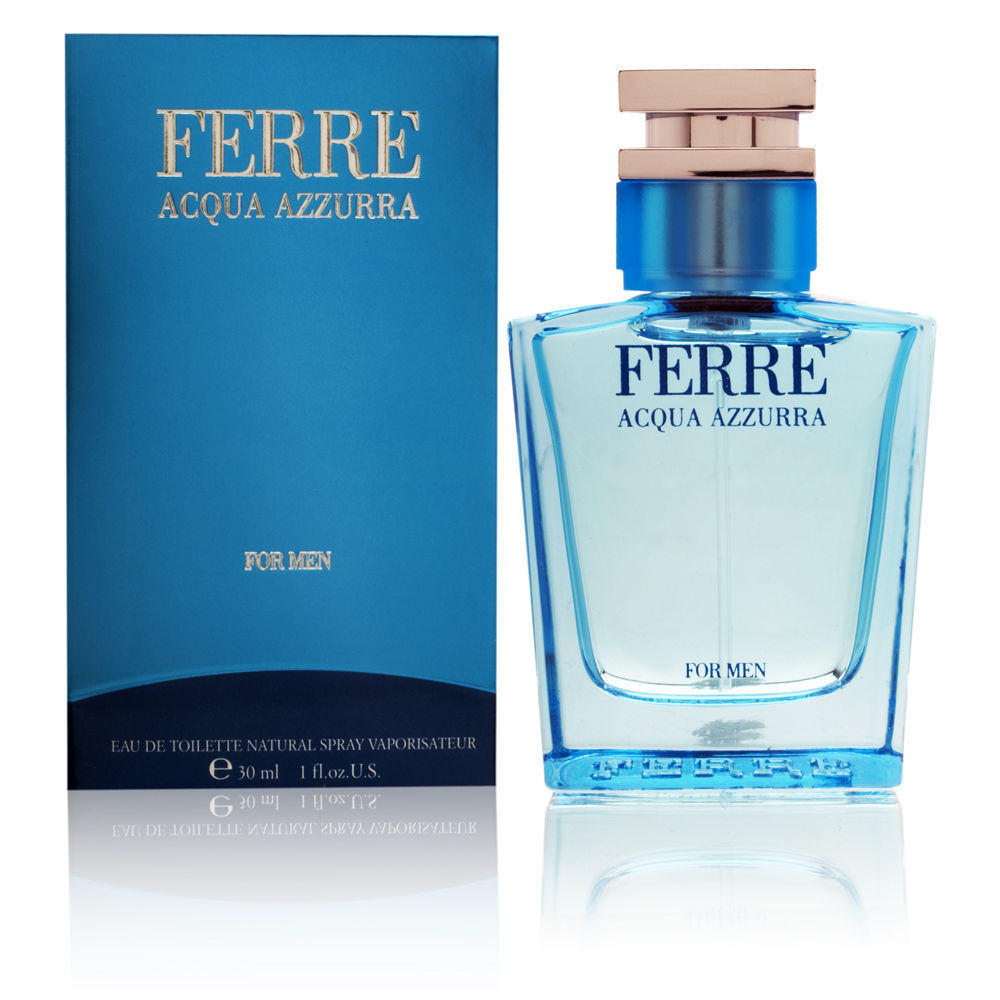 Clear glass bottle with a blue tint, featuring a gold cap and bold black lettering reading "FERRE ACQUA AZZURRA," alongside a blue box with matching design details.