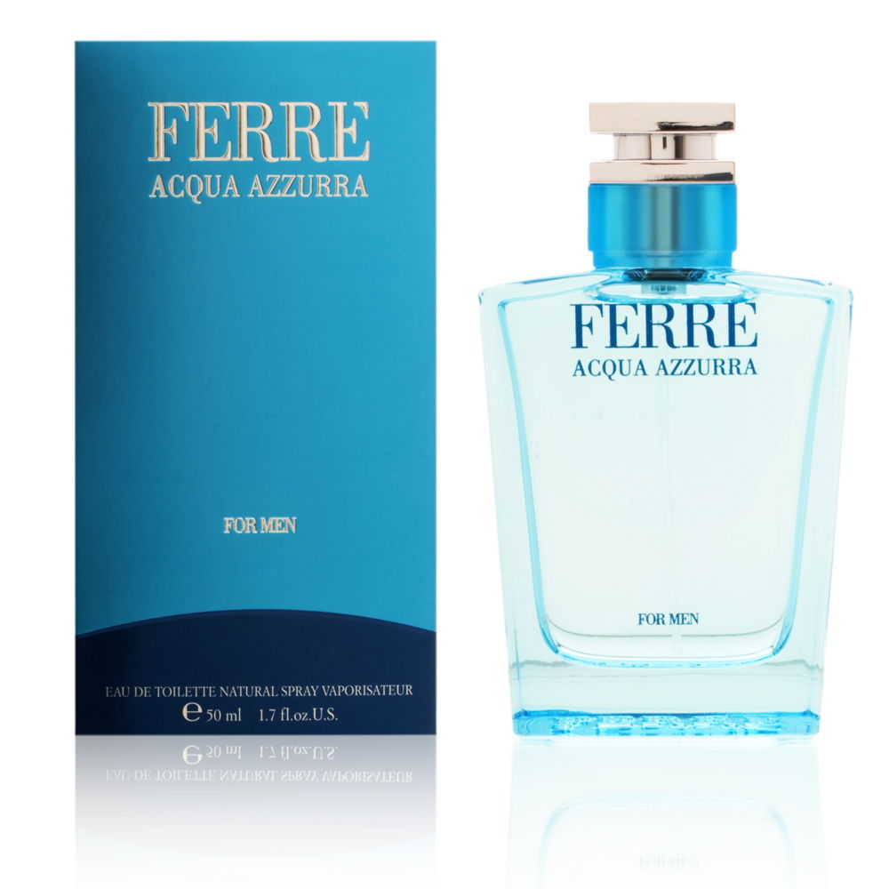 Clear glass bottle with a light blue liquid, featuring a silver cap and the label "FERRE ACQUA AZZURRA" in bold blue letters, alongside a matching blue box.